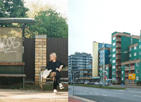 Mobilitätsarmut Auf der linken Bildseite ist eine Frau zu sehen, die an einer Bushhaltestelle, die mit Graffiti besprüht ist, wartet. Auf der rechten Bildseite ist ein Hochhaus-Block an einer Autostraße zu sehen.