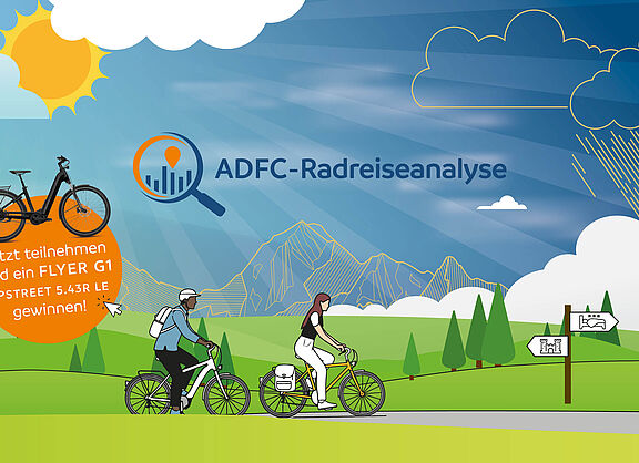 Illustration von zwei Radfahrenden vor einer bergigen Landschaft