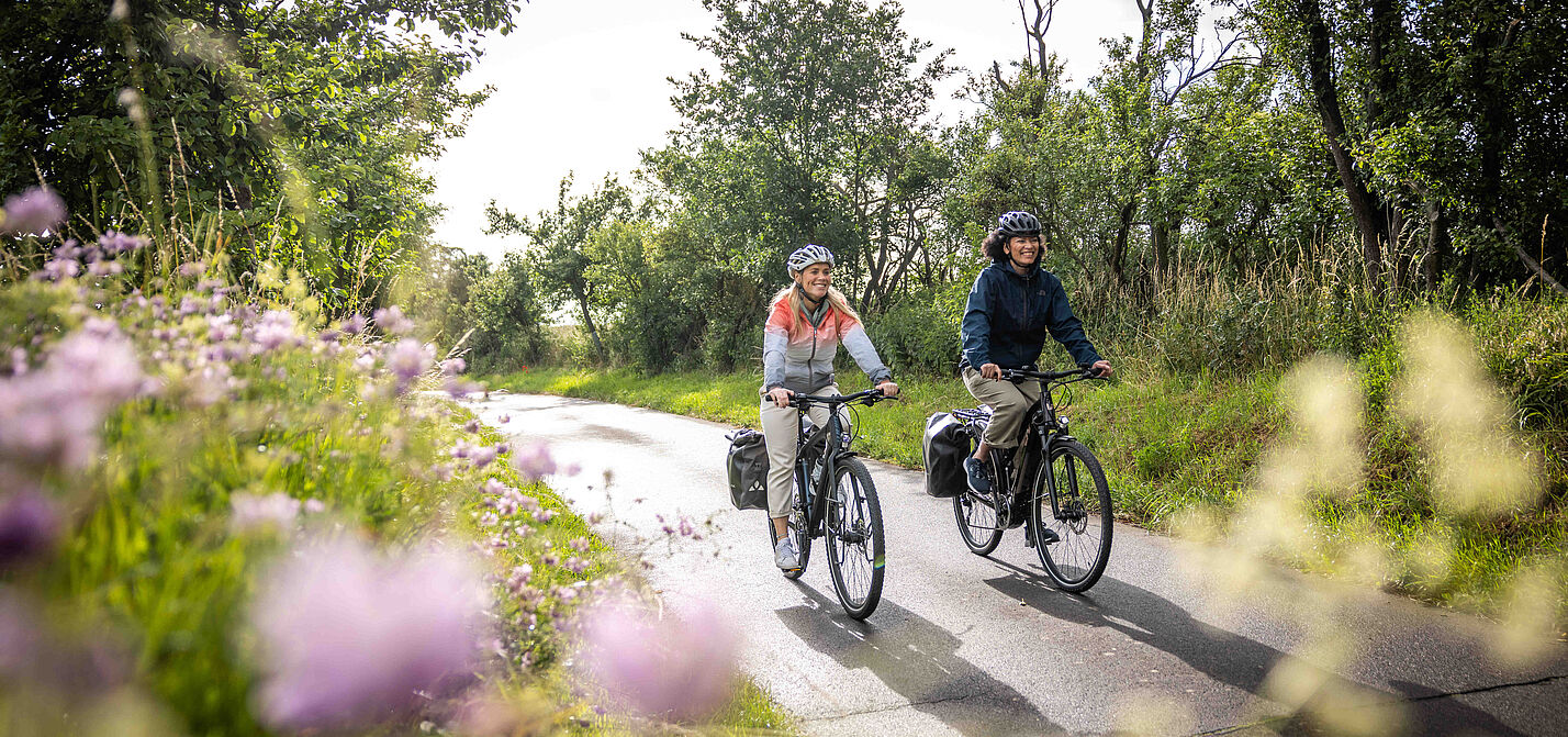 Mit dem Fahrrad in den Frühling Zwei Personen auf einem Radweg in der Natur
